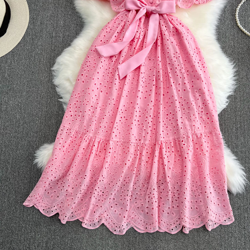 2023 Casual Dresses Runway Summer Elegant Chic Plelated Bow Ruffle Dress A-line Casual Puff Sleeve Vestidos O-Neck High Spring Summer Vacation Robe