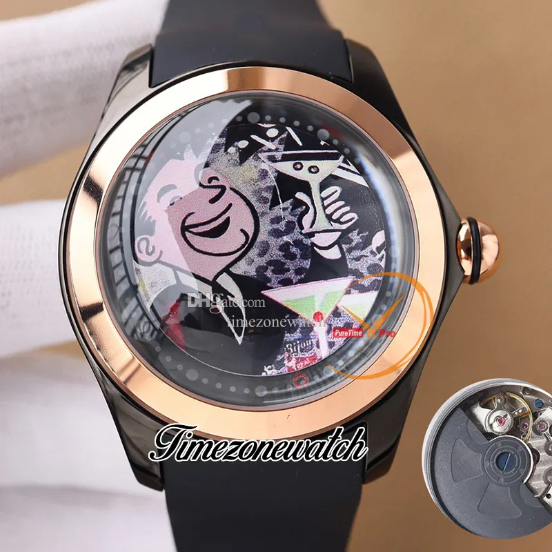 Ny 47mm bubbla Clown Doodle Dial Automatic Mens Watch L390/03635 - 390.101.04/0371 Stålfodral Svart gummiband Gents Watches TWCM TimeZoneWatch E57B2