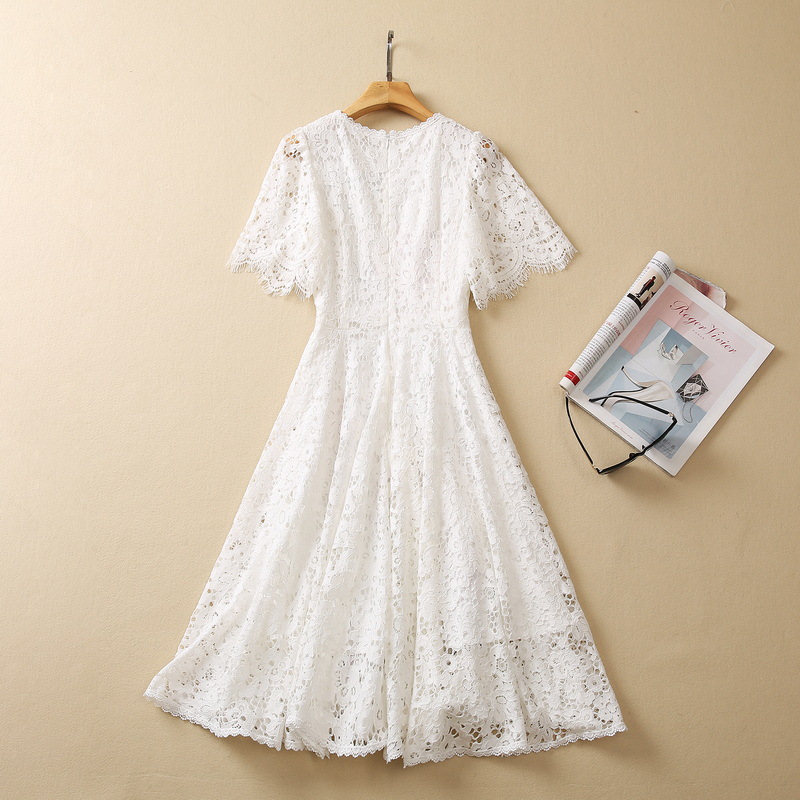 2023 Summer White Floral Lace Butterfly Brodery Dress Kort ärm Runda halspanelpanelen MIDI Casual Dresses S3L220621