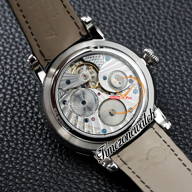 New 42mm Arnold&Son HM Perpetual Moon A1GLARI01AC122A Steel Case White Dial Mechanical Hand Winding Mens Watch Black Leather Strap Watches UK Cool Timezonewatch