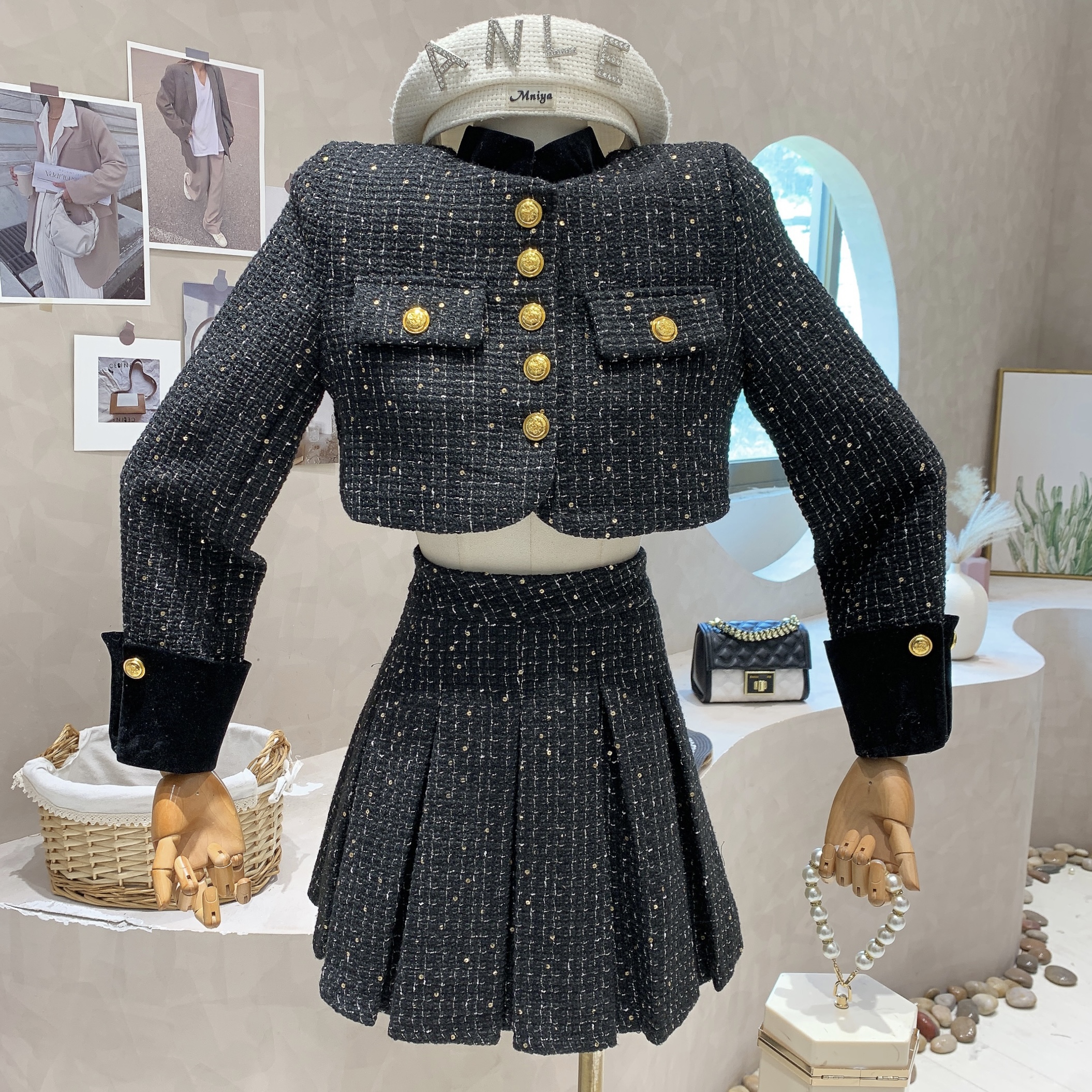 Vestido de duas peças estilo britânico patchwork tweed jaqueta curta conjunto de duas peças feminino Y2k retrô cintura alta saia plissada conjunto de 2 peças 2023