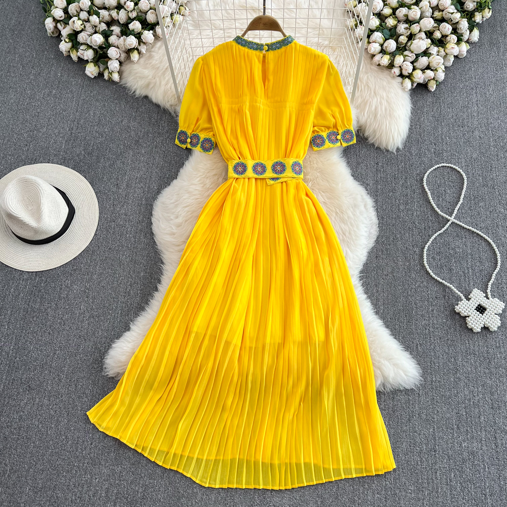 Casual Dresses Retro Ethnic Wind Embroidery Standing Collar Chiffon Dresses For Women Summer Vacation Beach SASHES PLECTED LONG DRESS 2023