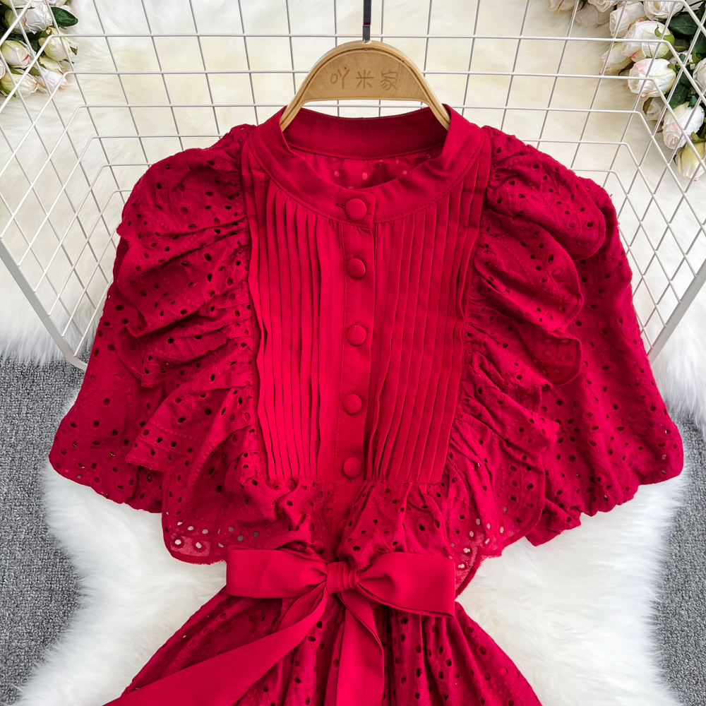 2023 Casual Dresses Runway Summer Elegant Chic Plelated Bow Ruffle Dress A-line Casual Puff Sleeve Vestidos O-Neck High Spring Summer Vacation Robe