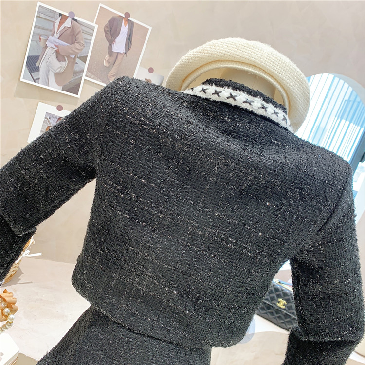 Two Piece Dress Winter Black Tweed Crop Top Two Piece Set Women Bowknot Short Jacket + High waist Mini Pleated Skirt Suits Streetwear Sets 2023