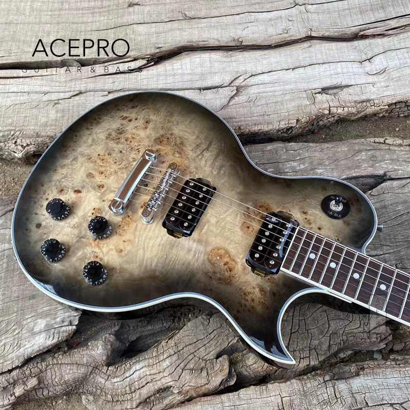 Acepro Black Burst Guitare électrique Frettes en acier inoxydable Corps en acajou Burl Maple Top Matériel chromé de haute qualité Livraison gratuite