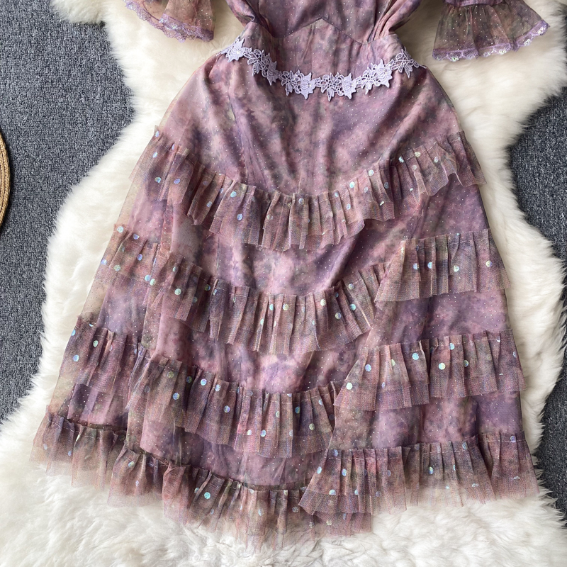 2023 Casual Dresses Summer French Vintage Hollow Out Mesh Lace Patched Sequin A-line Dress Women