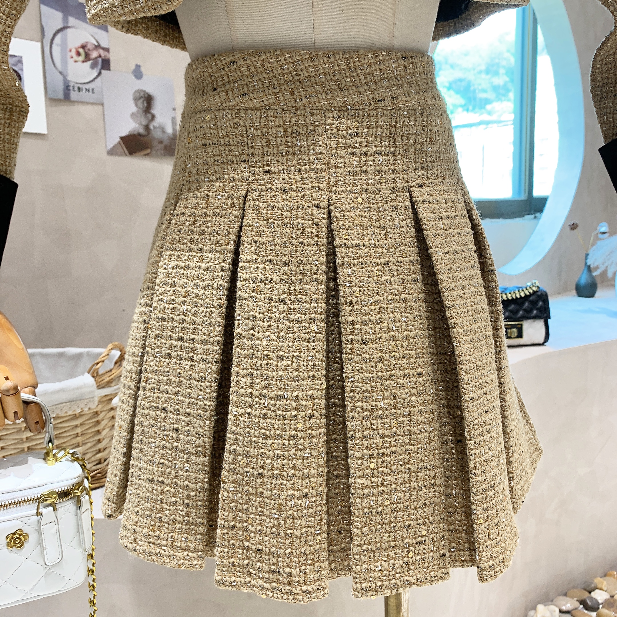 Vestido de duas peças estilo britânico patchwork tweed jaqueta curta conjunto de duas peças feminino Y2k retrô cintura alta saia plissada conjunto de 2 peças 2023