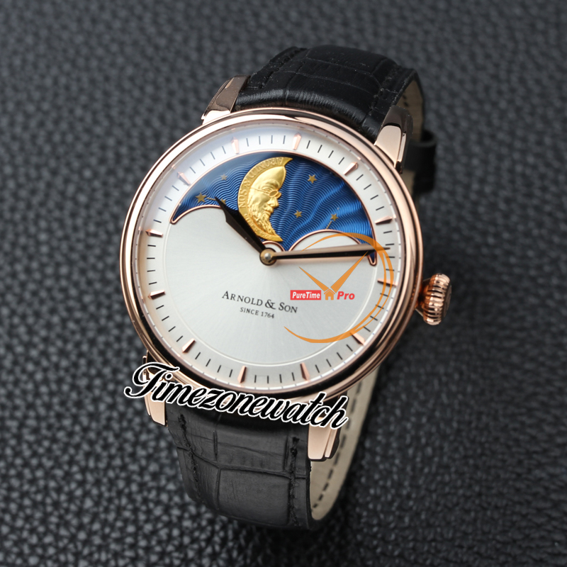 Ny 42mm Arnoldson HM Perpetual Moon A1GLari01AC122A Rose Gold White Dial Mechanical Hand Winding Mens Watch Black Leather Strap UK COOL TIMEZONEWATCH