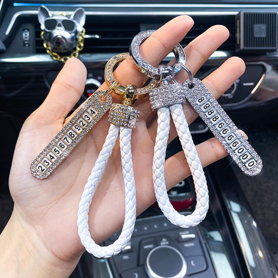 Anti-lost Phone Number Plate Car Keychain Auto Luxury Rhinestone Pendant Key Chains Cell Phone Ornament Key Rings Accessories