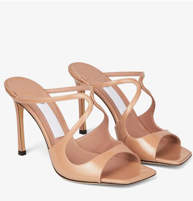 23s/s elegante marca essencial Anis Sandálias Sandálias Calfskin Slip Slip On Slippers Square Toe Mule Walking High Leels Lady Sandalias