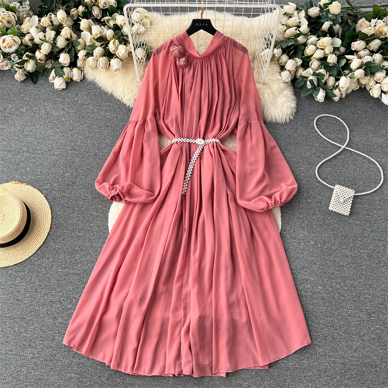 Sıradan elbiseler yaz bahar yaz vintage standı yakalı yaka fener kollu şifon elbise bel bağcıklı orta uzunlukta kadınlar düz renkli elbiseler vestidos 2023