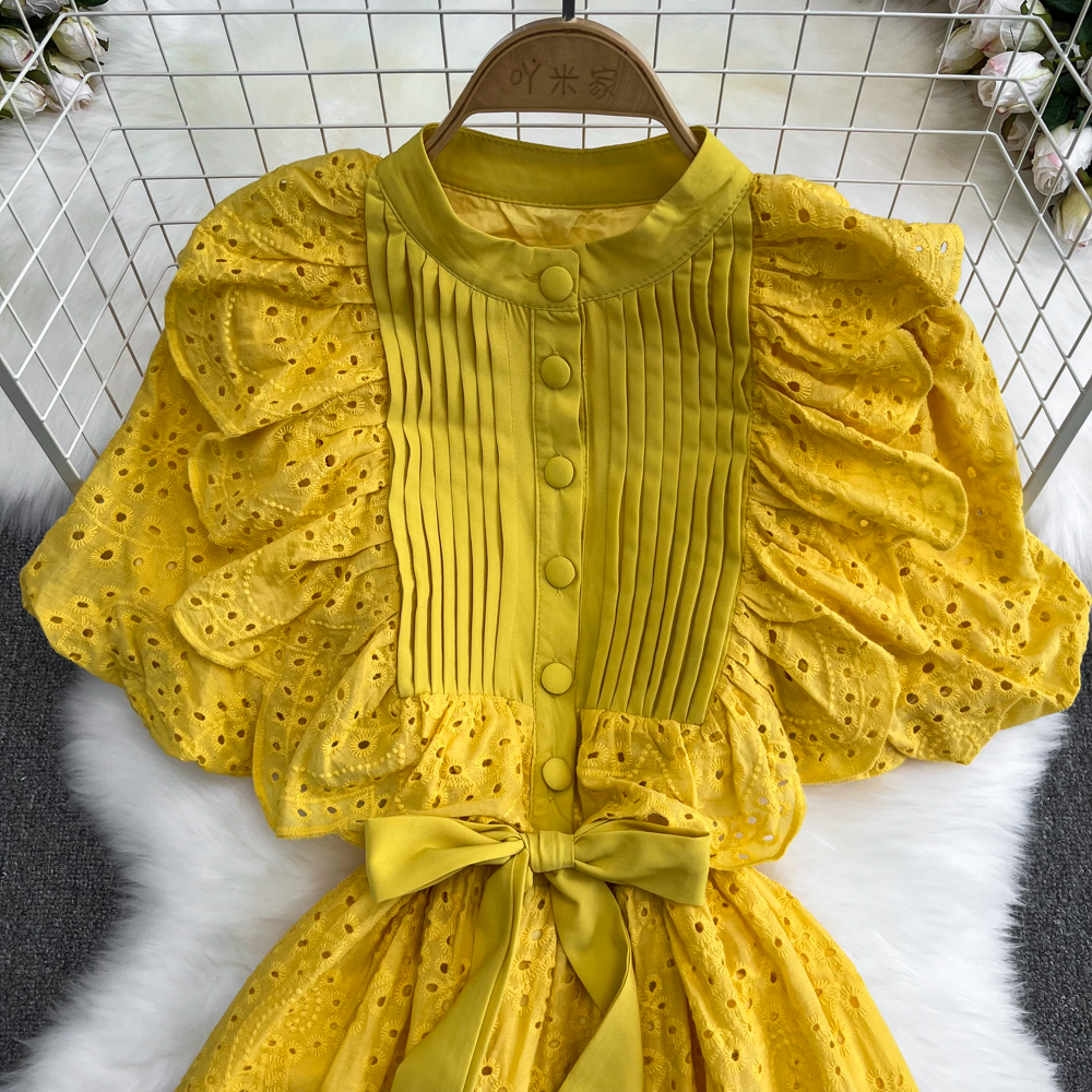 2023 Casual Dresses Runway Summer Elegant Chic Plelated Bow Ruffle Dress A-line Casual Puff Sleeve Vestidos O-Neck High Spring Summer Vacation Robe