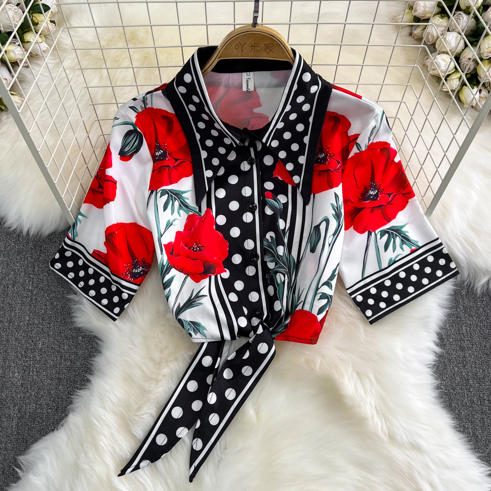 Tvådelt klänning Runway Fashion Flower Polka Dot Print Two Piece Set Women's Outfits Casual Short Shirt Lace-Up Tops +Long Kirt Suits Female 2023