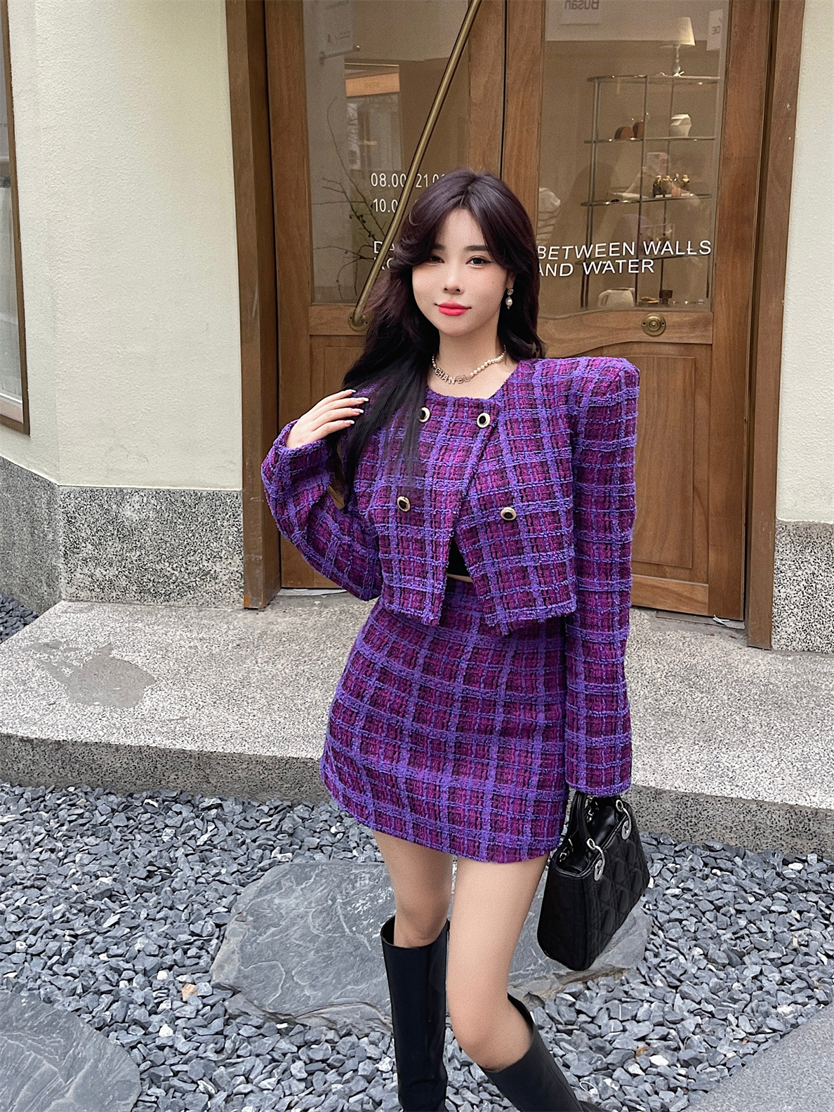 Vestido de duas peças sexy outono inverno novo clássico retrô roxo jacquard xadrez tweed conjunto de 2 peças feminino alta qualidade jaqueta curta bpdycon conjuntos de saias 2023