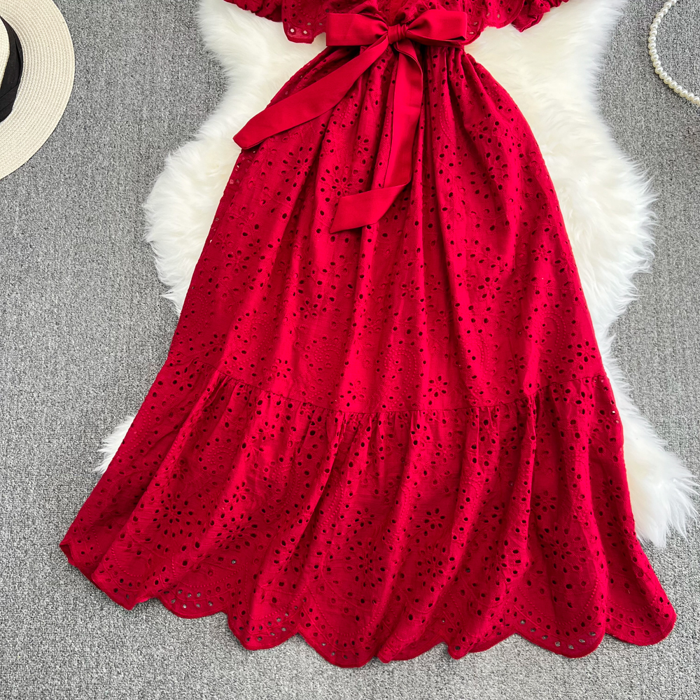 2023 Casual Dresses Runway Summer Elegant Chic Plelated Bow Ruffle Dress A-line Casual Puff Sleeve Vestidos O-Neck High Spring Summer Vacation Robe