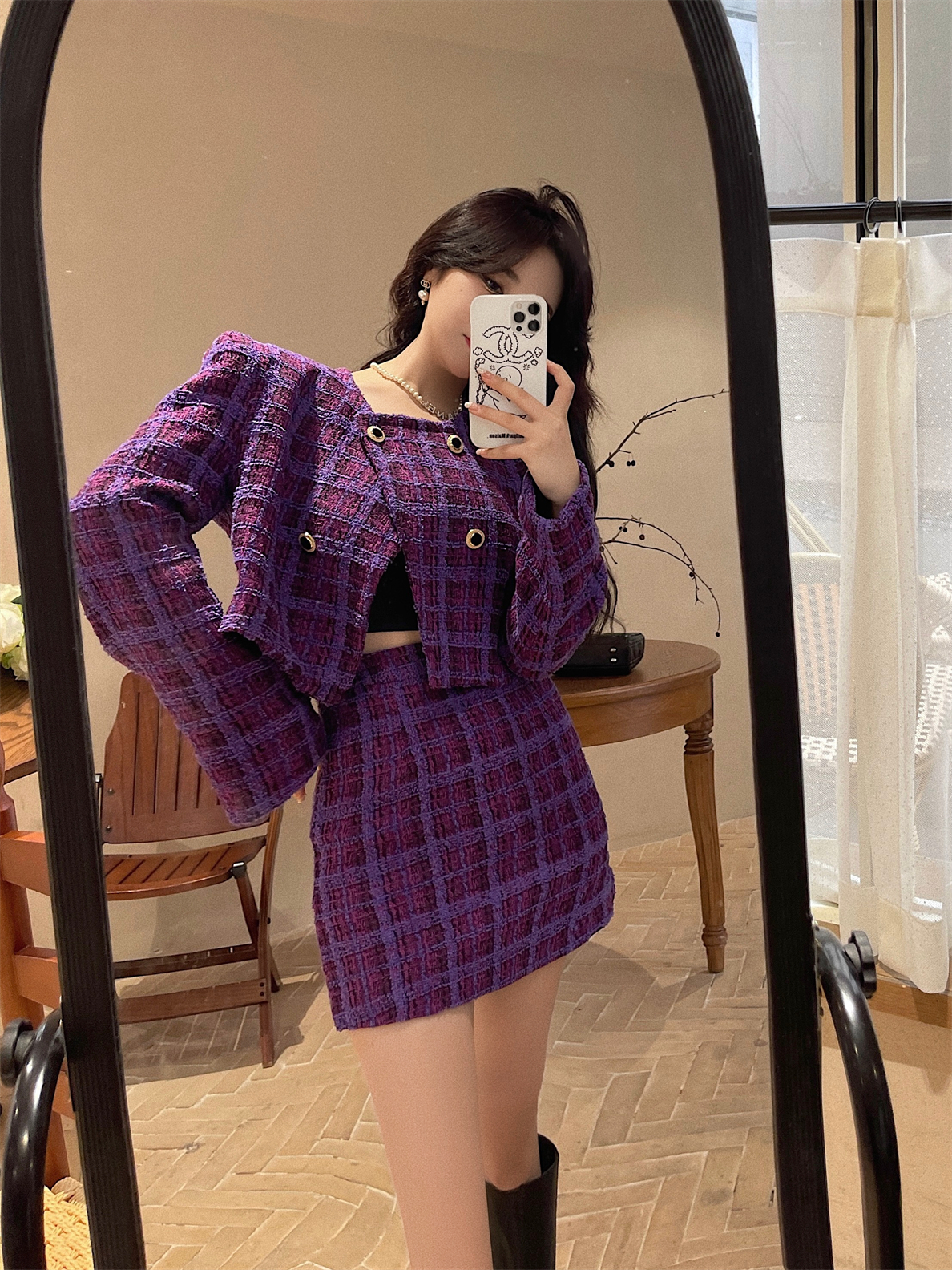 Vestido de duas peças sexy outono inverno novo clássico retrô roxo jacquard xadrez tweed conjunto de 2 peças feminino alta qualidade jaqueta curta bpdycon conjuntos de saias 2023