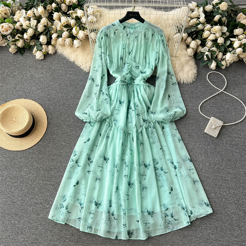 Casual Dresses Summer New Mid-Längd Women Floral Dress Round Neck High midje Rund krage Långärmad blommuttryck Chiffonklänning Vestidos 2023