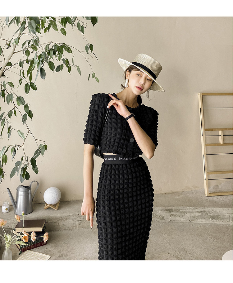 Two Piece Dress Small Bubble Checked Short Sleeve Blouse Cropped Tops Mid-length Skirt Set Women Waffle Set Outfits Female 2023