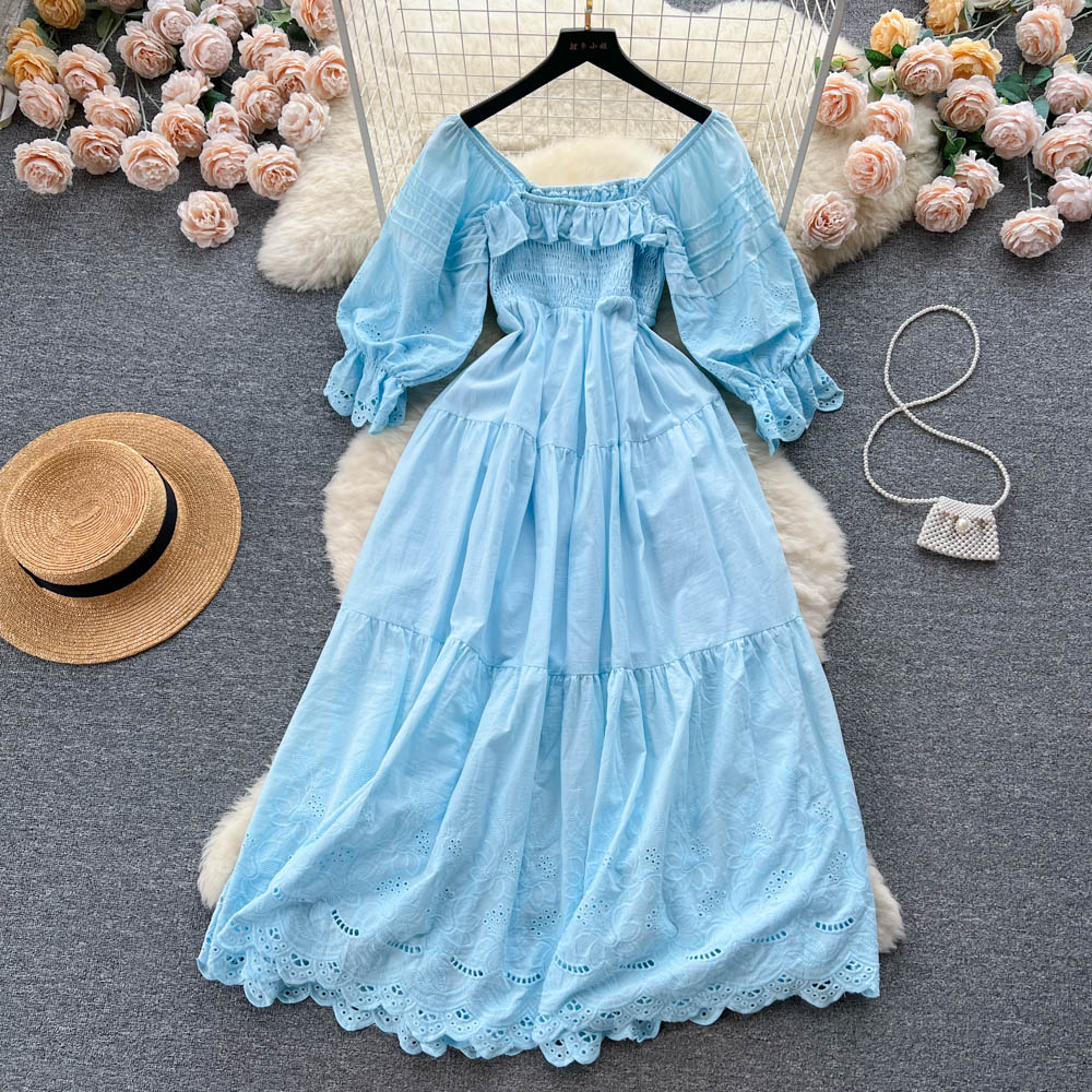 2023 Casual Kleider Sommer Sommer Neue Mode Aushöhlen A-linie Kleid Frauen Square Neck Kurzarm Elastische Taille Einfarbig lässige Kleidung Vestidos