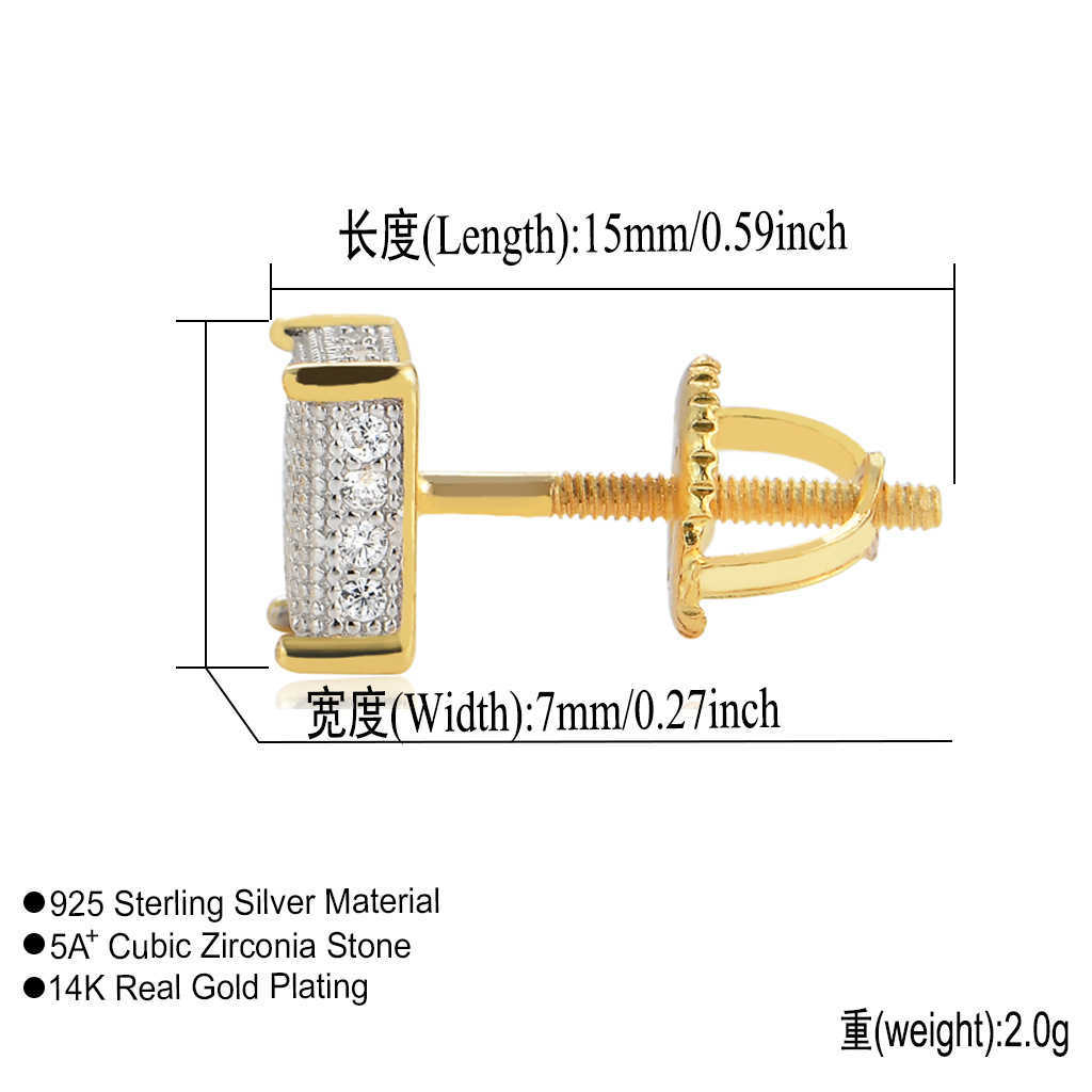 힙합 S925 스털링 실버 스터드 귀걸이 스크류 백 남성용 여성용 스퀘어 귀걸이 스터드 전체 마이크로 세트 남성용 여성용 큐빅 지르콘 펑크 록 Cz 스톤즈 귀 보석