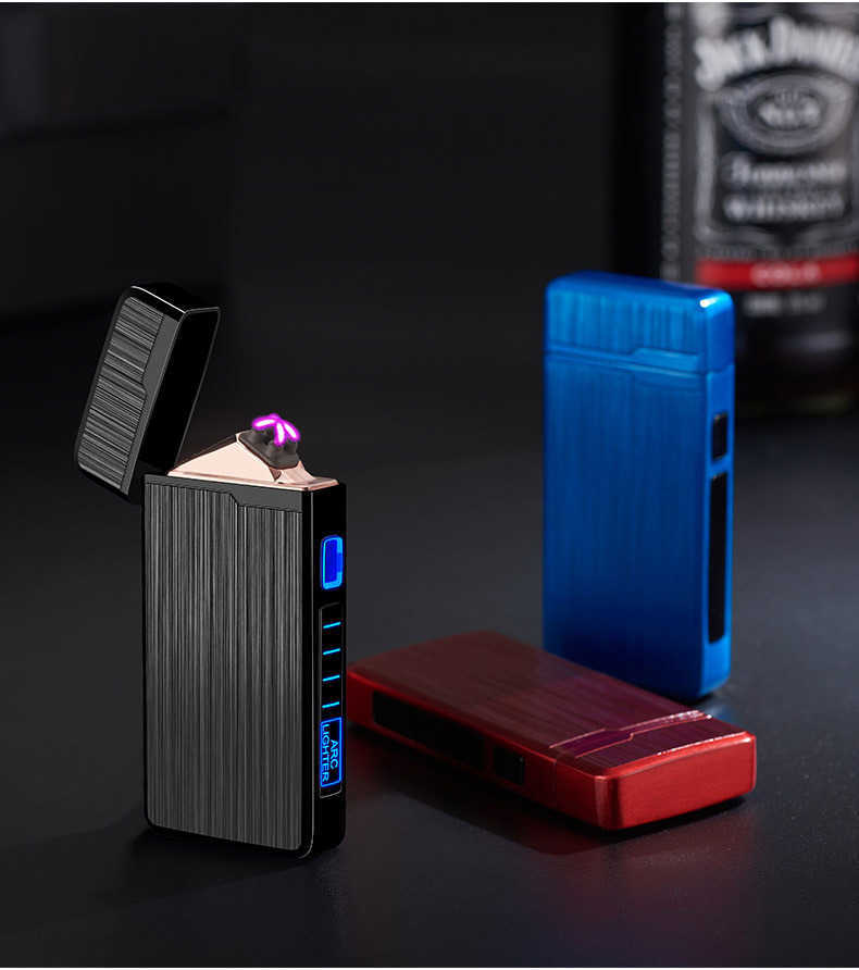 New Electric Lighter Metal Windproof Pulse Flameless Plasma USB Rechargeable Dual Arc LED Power Display Men's Tools AJXS