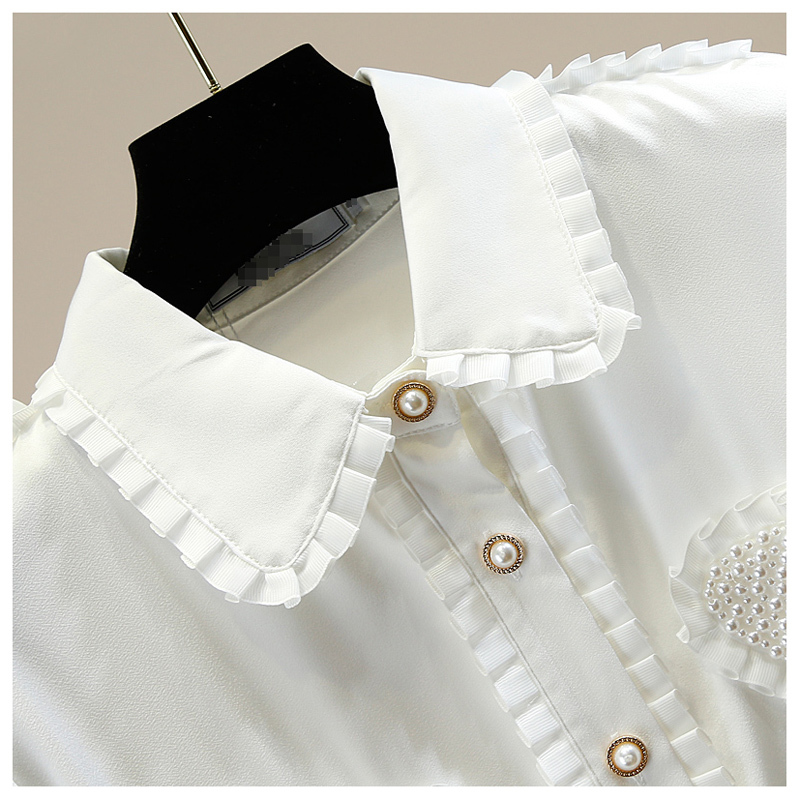 Blusas de mujer amor corazón perlas rebordear volantes Patchwork negro blanco blusa otoño coreano elegante camisa de mujer manga larga satén Tops 2023