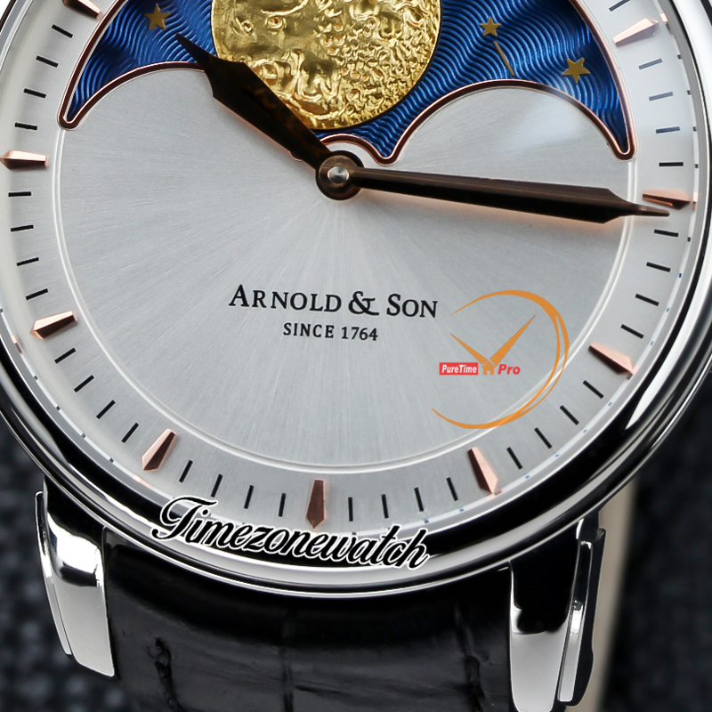 New 42mm Arnold&Son HM Perpetual Moon A1GLARI01AC122A Steel Case White Dial Mechanical Hand Winding Mens Watch Black Leather Strap Watches UK Cool Timezonewatch