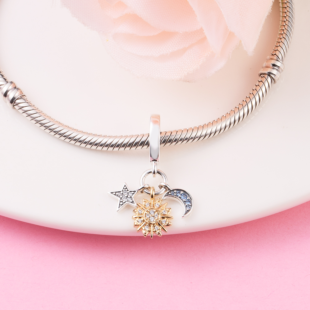 Été Nouveau 925 Sterling Silver Céleste Triple Dangle Charm Fit Pandora Bracelet Bracelet Perles DIY Bijoux Accessoires Cadeaux