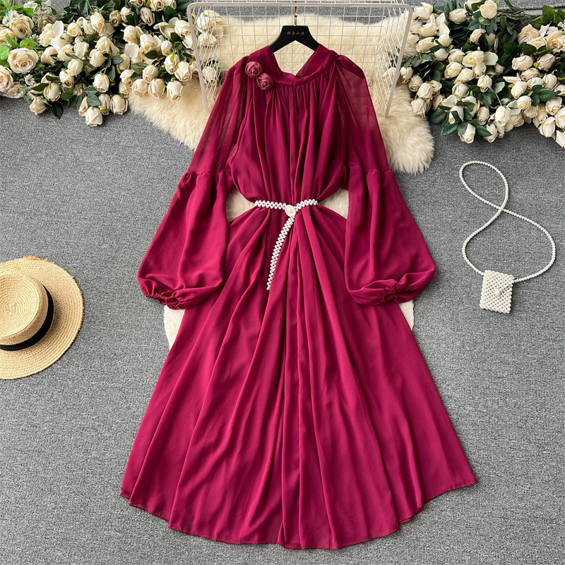 Sıradan elbiseler yaz bahar yaz vintage standı yakalı yaka fener kollu şifon elbise bel bağcıklı orta uzunlukta kadınlar düz renkli elbiseler vestidos 2023