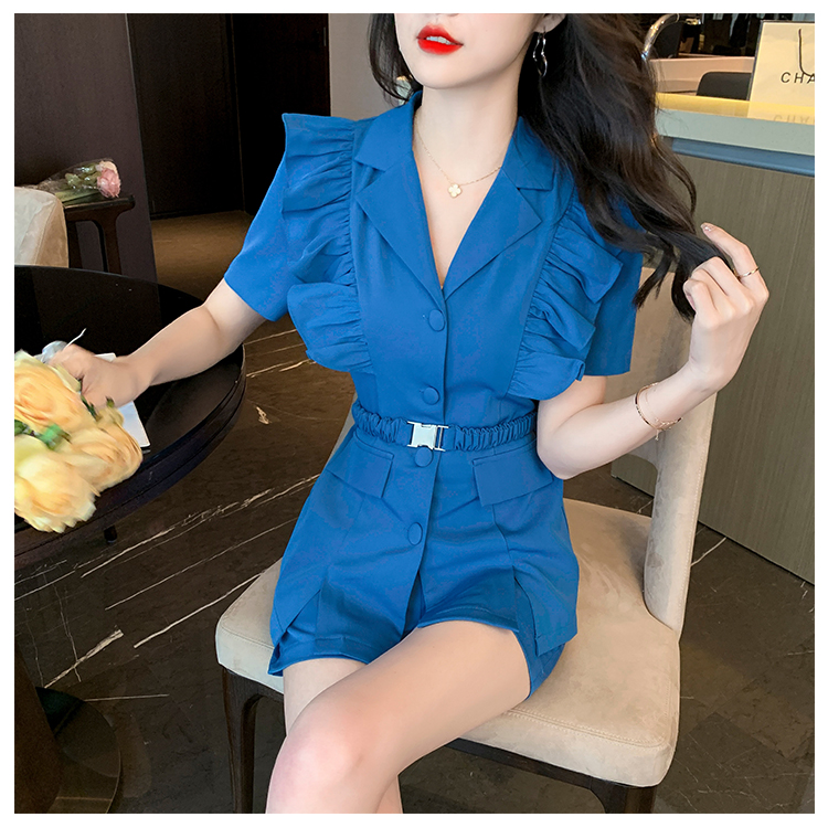 Tvådelt klänning Kvinnors ruffles 2 -stycken Set Elegant Lady Elegant Pants Suits Summer Casual Belt Blazer Blouse Elastic Midje Shorts Outfits Femal 2023