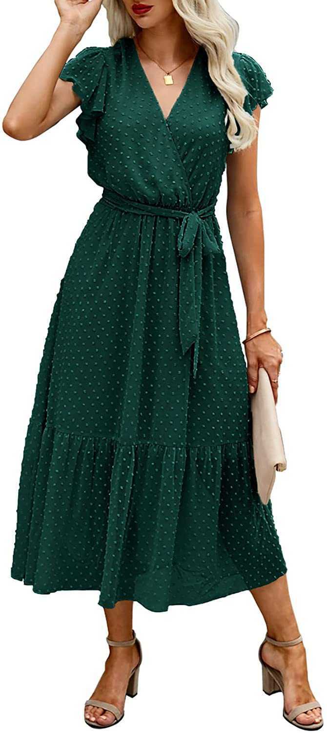 Vestido feminino boho maxi estampado com decote em V e amarração cruzada para meninas de verão