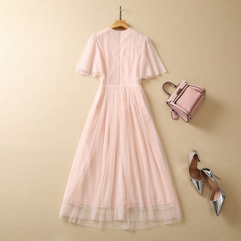 2023 Summer Apricot Solid Color Floral Embroidery Tulle Dress Short Sleeve Round Neck Panelled Midi Casual Dresses S3L220621