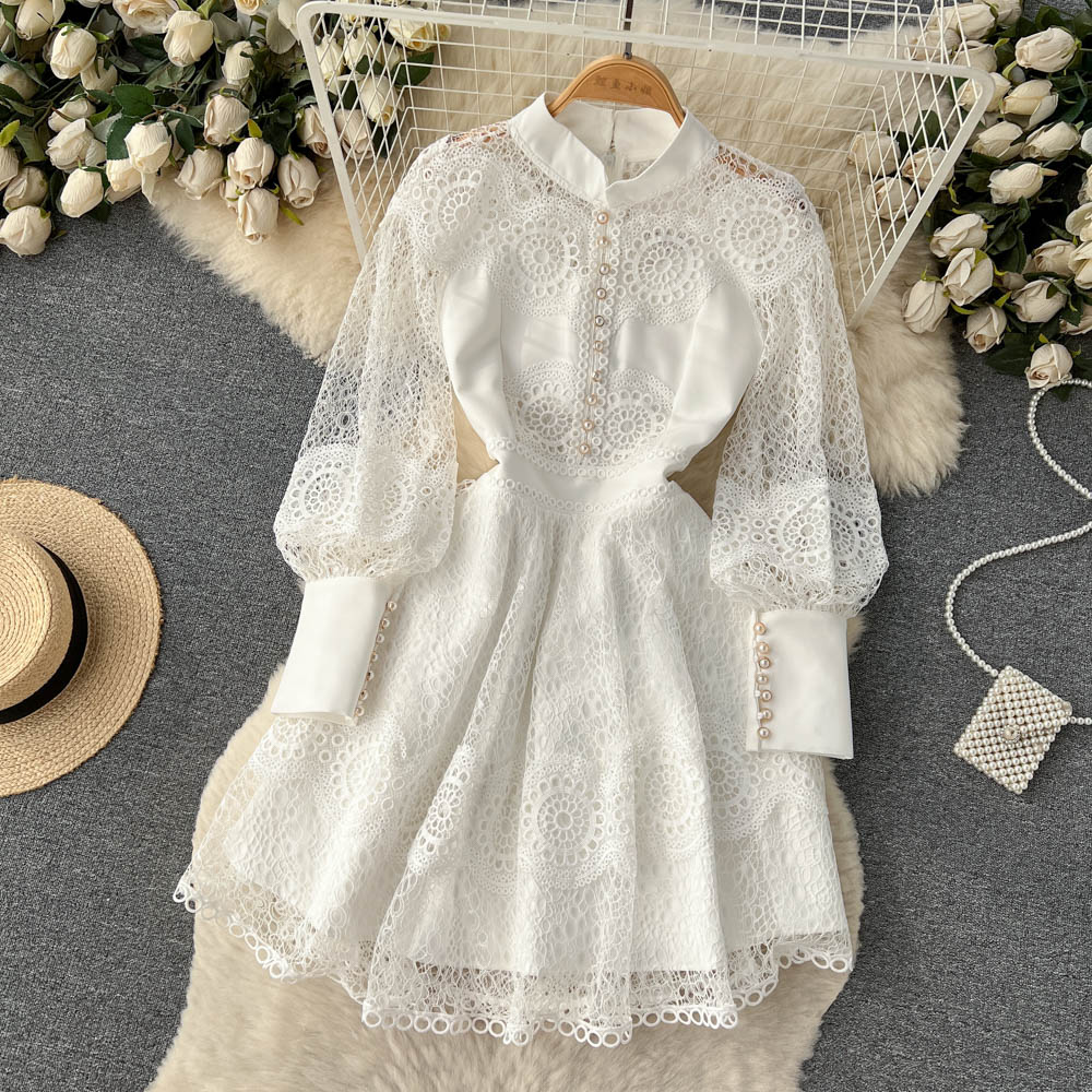 A Line Casual Dresses 2023 Vintage Flower Embroidery Hollow Out Lace Dress Women's Stand Collar Long Lantern Sleeve Pearls Bu257j