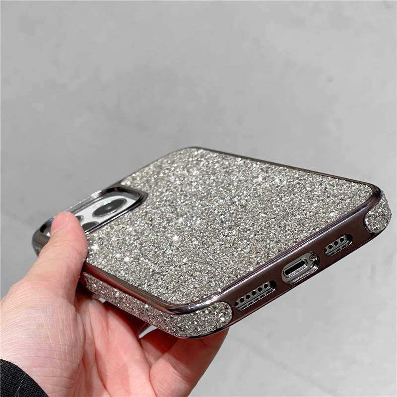 Luxe Paillettes Diamant Placage Vogue pour iPhone 14 13 12 Pro Max Durable Mode Femmes Mince Pleine Protection Doux Pare-chocs Étincelle Couverture Arrière Antichoc