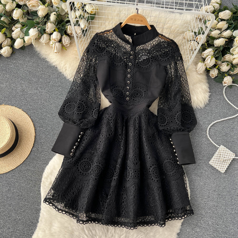 A Line Casual Dresses 2023 Vintage Flower Embroidery Hollow Out Lace Dress Women's Stand Collar Long Lantern Sleeve Pearls Bu257j