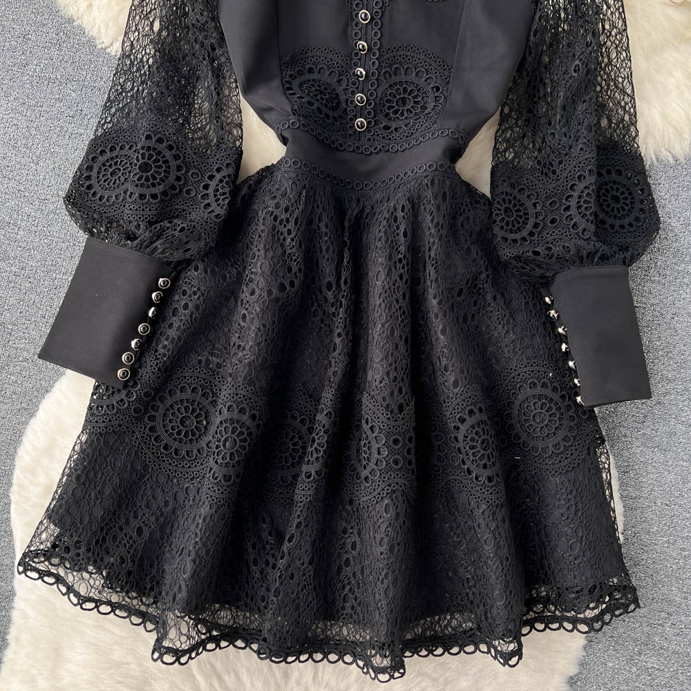 A Line Casual Dresses 2023 Vintage Flower Embroidery Hollow Out Lace Dress Women's Stand Collar Long Lantern Sleeve Pearls Bu257j