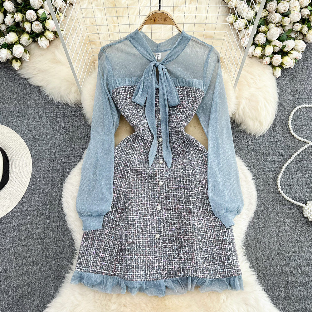 Casual Dresses Elegant Lady Small Fragrance Temperament Ribbon Bow Collar Soft Ruffle Patchwork Tweed Plaid Woolen Buttons Autumn Mini Dress 2023