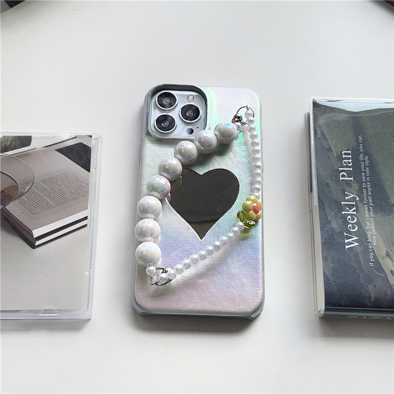 Cinturino di lusso in pelle sfumata Vogue iPhone 14 13 12 Pro Max Durevole Elegante braccialetto di perle Cuore d'amore Specchio il trucco Cover posteriore Antiurto