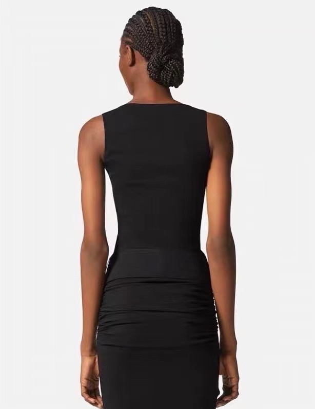 F1012 tweedelige jurk nieuwe sexy zwarte metalen luxe tops slanke rok nieuwe zomer metalen accessoires geplooide lage kraag vest top elastische wrap heup rok riem