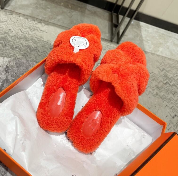 2023 Designer Wool Slippers Orange Black Pink White Slide Flat Mules Shearling Fur Fluffy Sandals Winter Women Indoor Slide