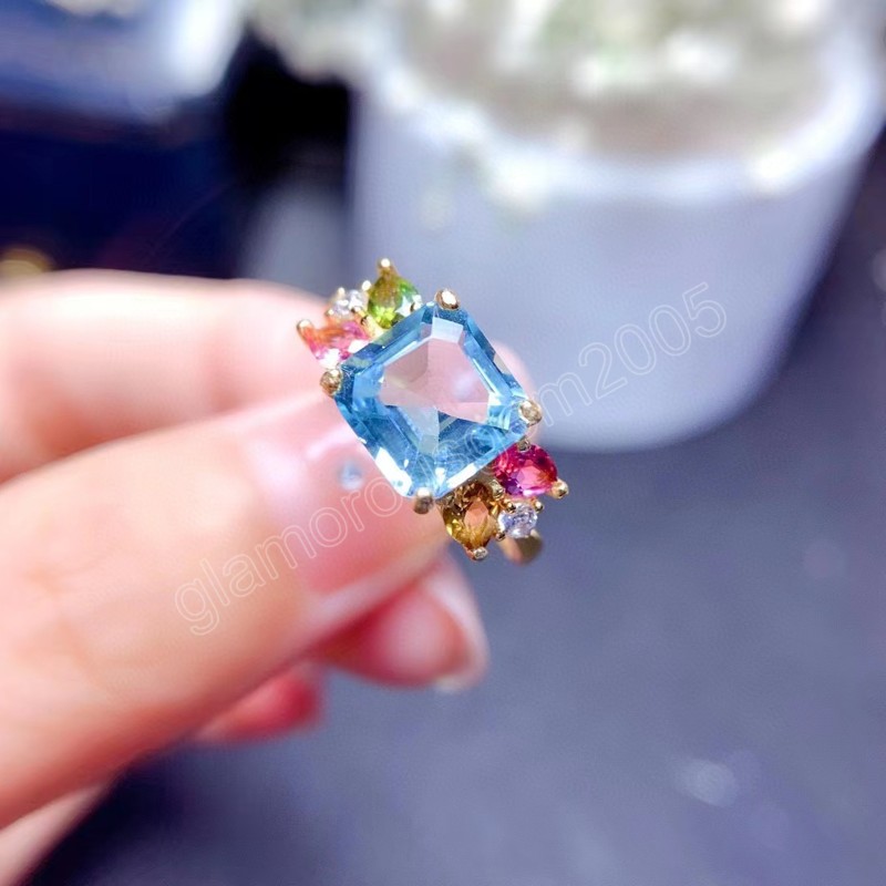 Luxur Emald Cutting Artificial Aquamarine Sea Blue Topaz Rings for Women Silver Color Wedding Jewelry