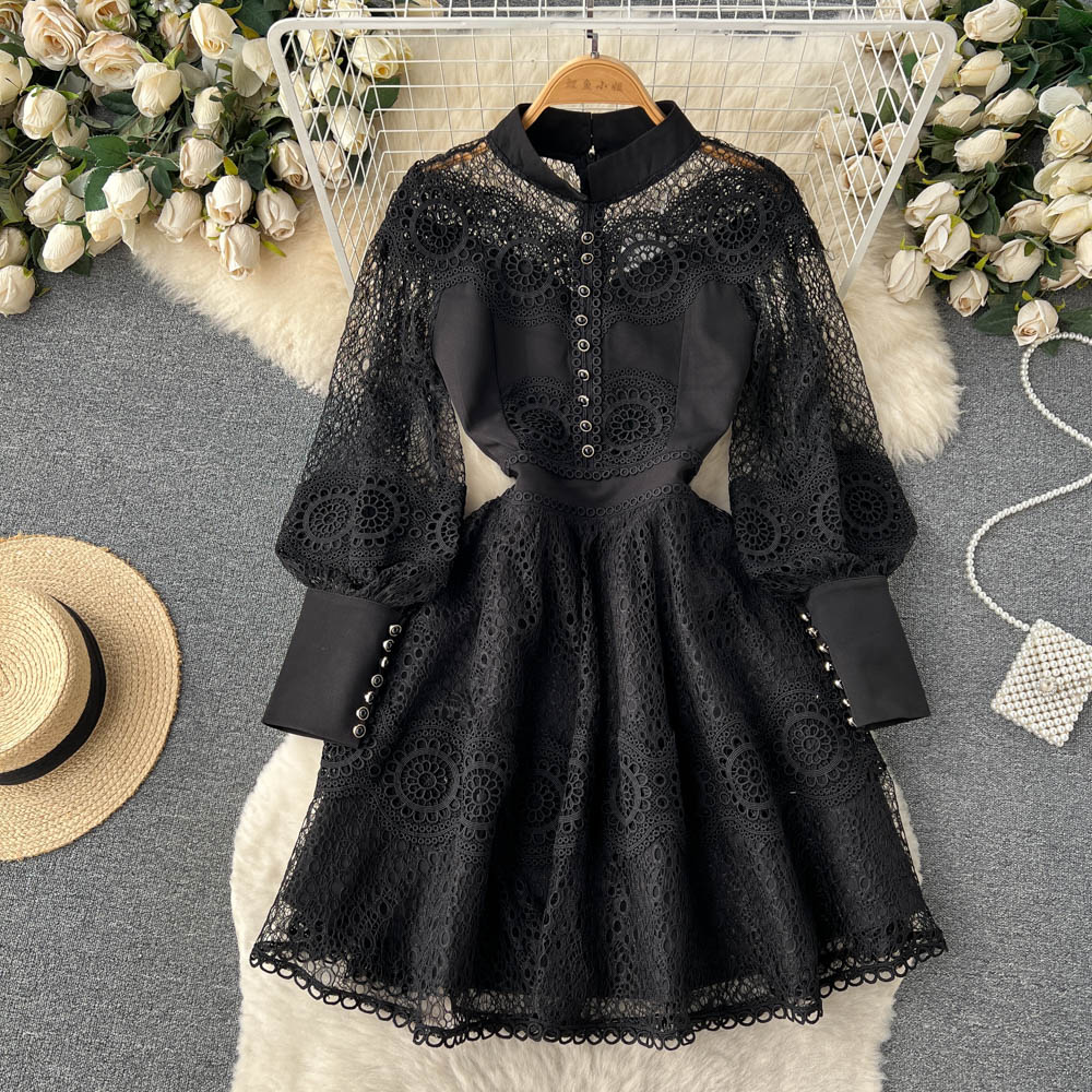 A Line Casual Dresses 2023 Vintage Flower Embroidery Hollow Out Lace Dress Women's Stand Collar Long Lantern Sleeve Pearls Bu270B