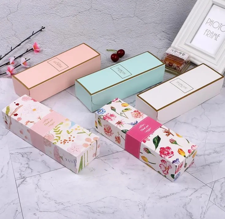 Present Wrap Floral Printed Long Macaron Present Box Moon Cake-Box Carton Presentförpackning för kakbröllop gynnar godislådor Dh9733