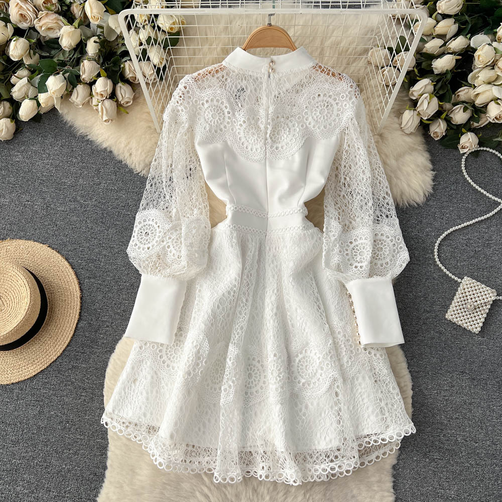 A Line Casual Dresses 2023 Vintage Flower Embroidery Hollow Out Lace Dress Women's Stand Collar Long Lantern Sleeve Pearls Bu257j