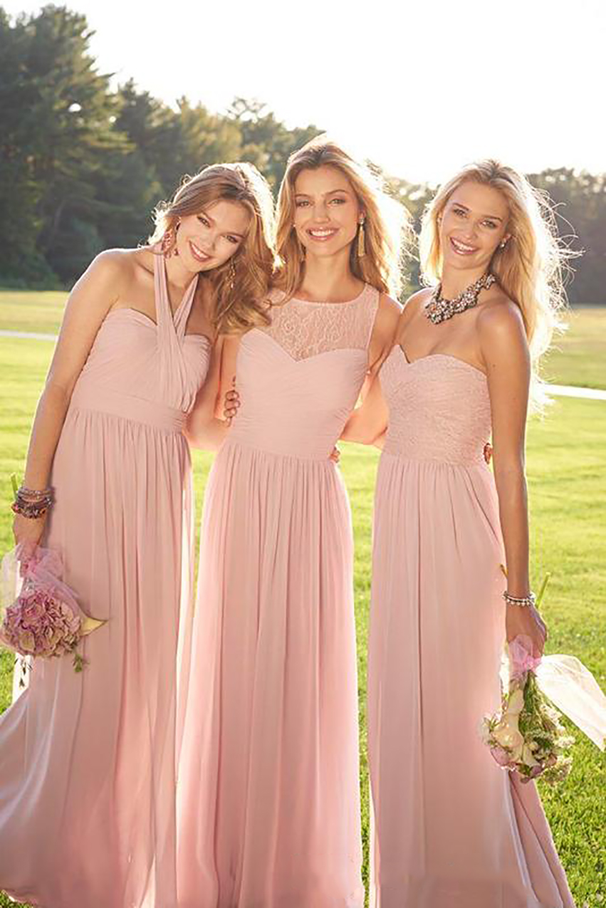 2023 Cheap Pink Pleated Long Lace Chiffon Bridesmaid Dresses Mixed Style Blush Bridesmaid Formal Honor Of Maid Ruffles Custom Wear Party Gowns