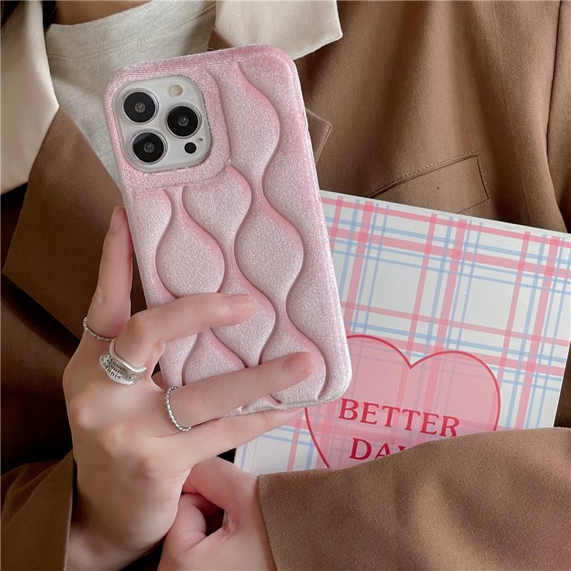 Luxury Wave Pattern Fur Leather Vogue for iPhone 14 13 12 11 Pro Max Durable Fashion Women Full Protective Soft Bumper Solid Color Furry Back Cover Shockproof