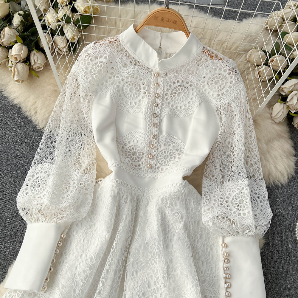 A Line Casual Dresses 2023 Vintage Flower Embroidery Hollow Out Lace Dress Women's Stand Collar Long Lantern Sleeve Pearls Bu270B