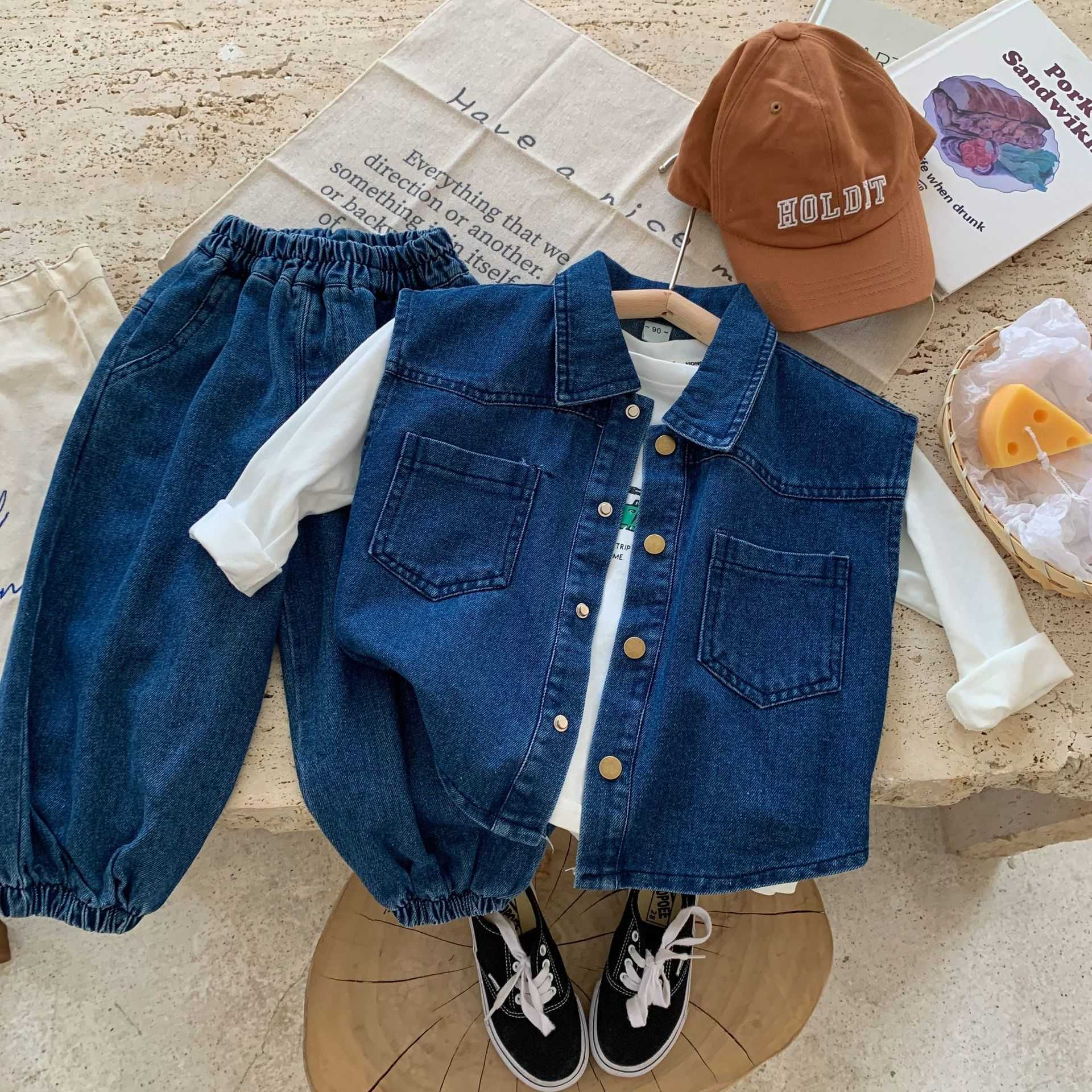 0-7 Year Old Baby Set Spring New Boys and Girls Wear Korean Denim Vest+Pants Two Piece Fashion Set 2PS Boys Clothing L230625