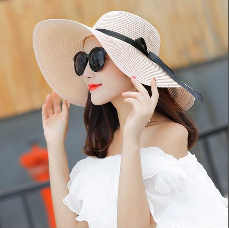 Breda randen hattar sommar breda grim vita stråhattar stora solhattar för kvinnor UV -skydd Panama Floppy Beach Hats Ladies Bow Hat Chapeau Femmesun Block HKD230625