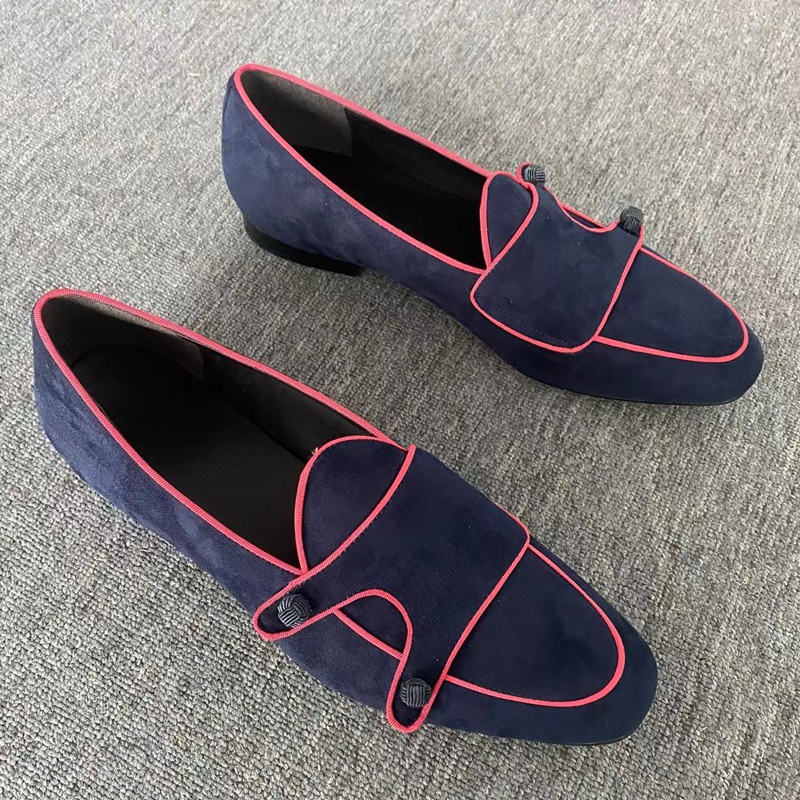 New Arrival Dark Blue Suede Loafers Monk Strap Shoes For Men British Style Slip On Leather Casual Shoes Mocassins Dress Shoes